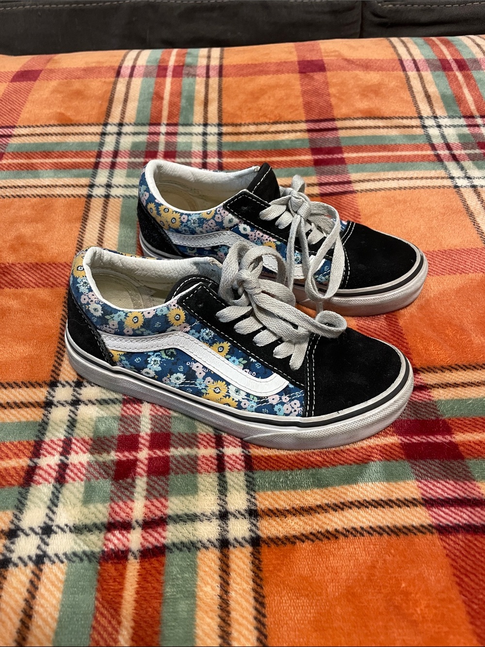 Vans Kids Black Suede Sneakers with Blue Floral Panels